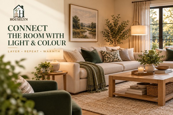 Warm neutral living room with layered lighting and repeated green and caramel accents creating a cohesive colour scheme