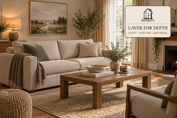 Layered living room with natural wood, linen, woven texture, ceramics and warm ambient lighting