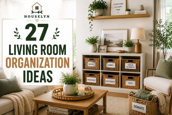 Living room organization ideas featuring organized storage, decorative baskets, hidden storage furniture, and clutter-free living spaces. living-room-organization-ideas-hero.jpg