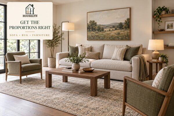 Well-proportioned living room with appropriately scaled sofa, chairs, coffee table, rug and wall art