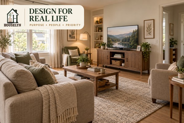 Functional living room designed around conversation, television, reading and clear everyday use