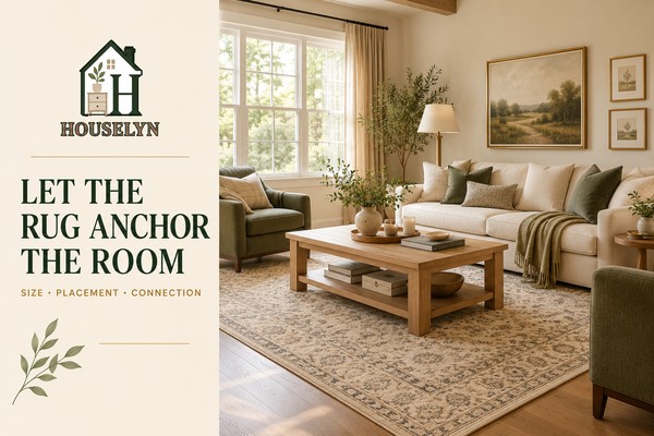 Warm neutral living room with correctly sized rug anchoring the sofa, armchair and coffee table