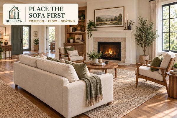 Living room sofa placement with clear circulation, connected chairs and accessible windows