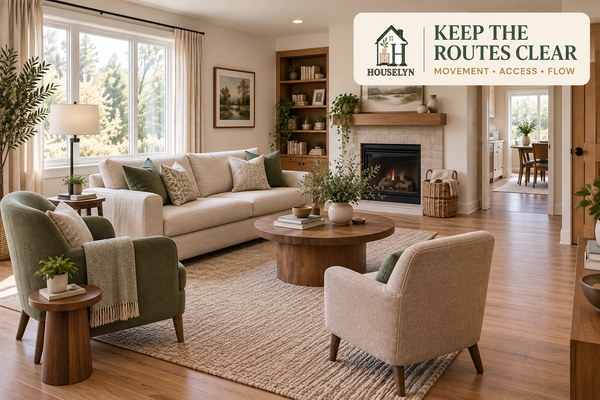 Living room layout with clear traffic flow around sofa, chairs and coffee table