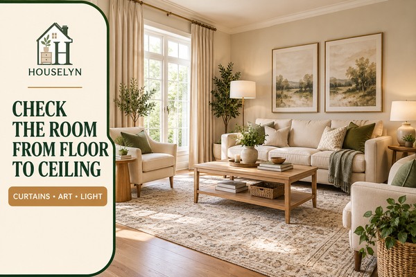 Warm neutral living room with high curtains, correctly positioned wall art and layered lighting creating balanced vertical proportions