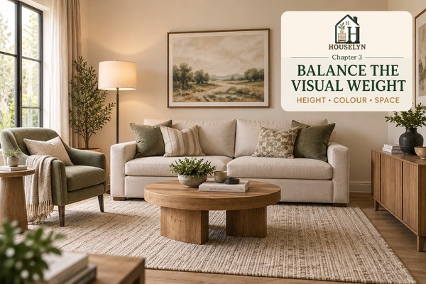 Balanced living room with sofa, chairs, lighting and wall decor distributed without perfect symmetry
