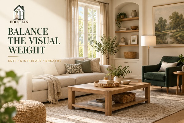 Warm neutral living room with balanced visual weight, edited accessories, storage baskets and clear negative space