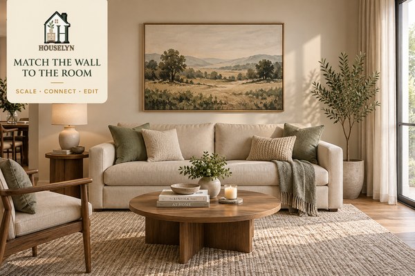 Warm living room with well-scaled wall art above a sofa, restrained decor and balanced negative space