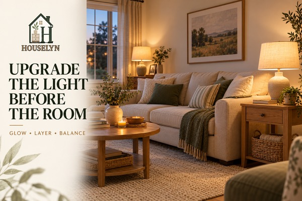 Warm neutral living room improved with low cost lighting upgrades including a new lampshade, table lamp and warm layered light
