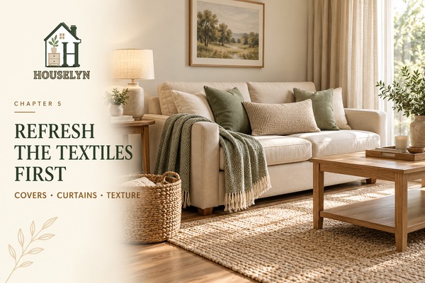 Warm neutral living room refreshed with affordable cushion covers, curtains and a textured throw while keeping existing furniture