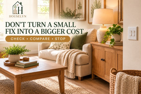 Warm neutral room showing careful low cost upgrade decisions around repair, replacement and avoiding unnecessary spending