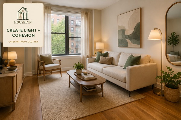 Warm cohesive small apartment living room with layered lighting, restrained decor, mirror and natural daylight
