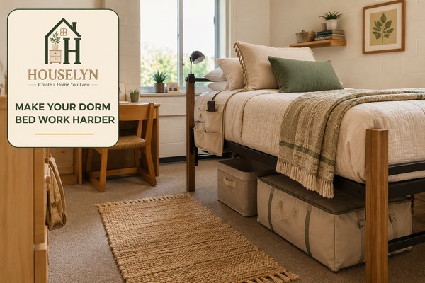Small dorm bed zone with organized under-bed storage, compact bedside caddy, coordinated bedding and a clear walkway.