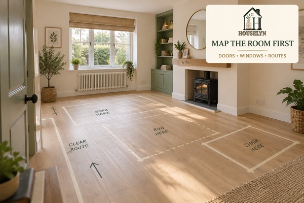Empty living room mapped for doors, windows, focal points, heating and clear furniture routes