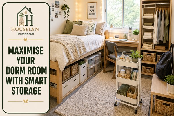 Modern dorm room featuring under-bed storage, rolling cart, hanging organizers, woven baskets and an organized study area.