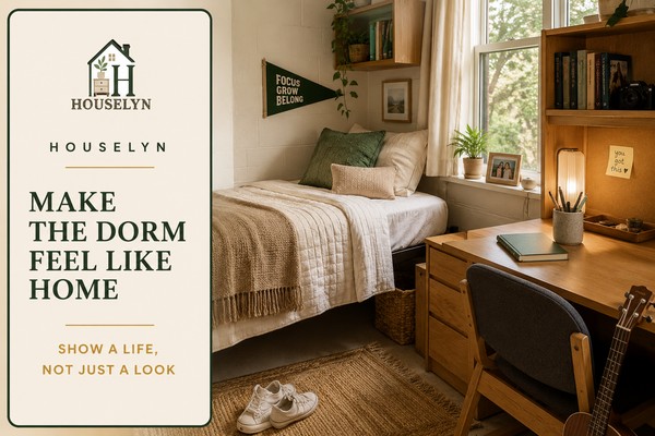 Personal college dorm with meaningful photographs, favourite books, one hobby-related object and practical decorative accessories on clear surfaces.