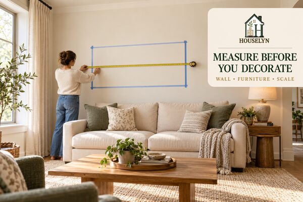 Living room wall being measured above a sofa before choosing wall art or decor