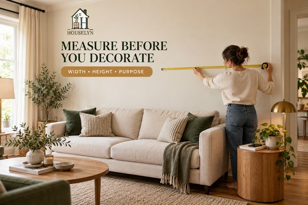 Warm neutral living room wall being measured above a sofa before choosing affordable wall decor