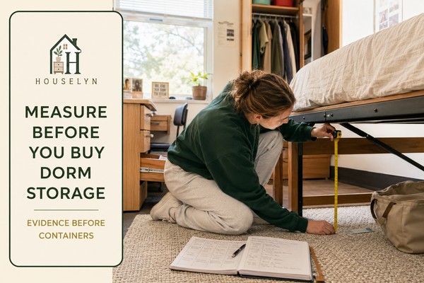 Student measuring the clearance beneath a college dorm bed while recording wardrobe, desk and storage dimensions on a planning card.