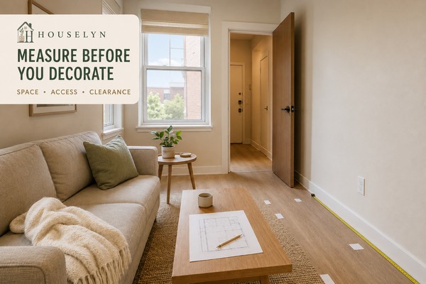 Small apartment floor plan being measured beside a compact living room with clear furniture and walking routes.