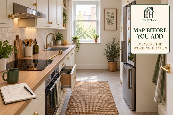 Compact apartment kitchen being measured for appliance clearance, worktop space and safe circulation