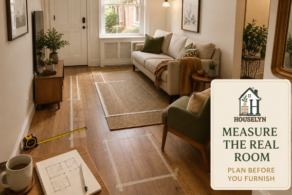Measured small apartment living room showing doors, windows, furniture zones and a clear walking route