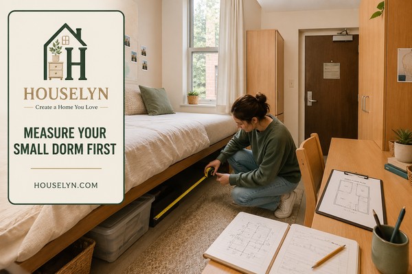 Student measuring a small dorm room beside a floor plan, supplied bed, compact desk and wardrobe before buying furniture or storage.