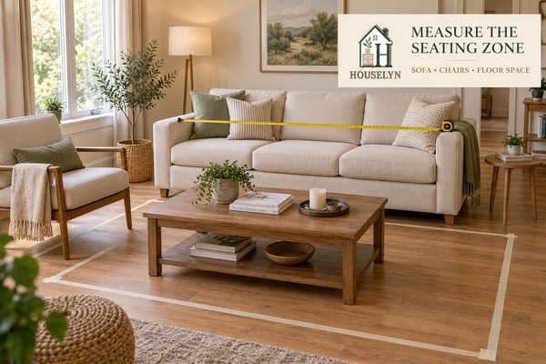 Living room sofa being measured from arm to arm before choosing the correct rug size