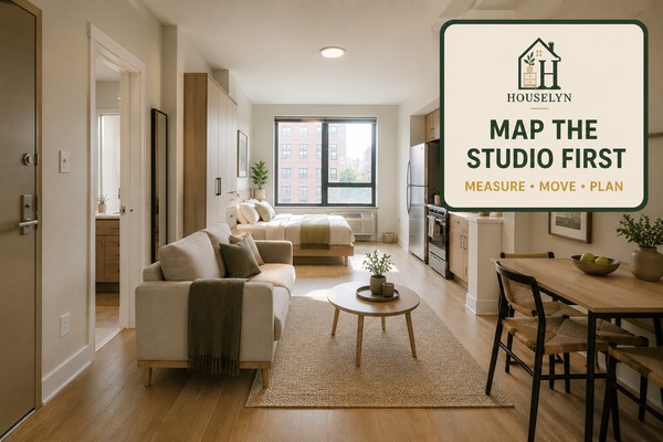 Modern studio apartment viewed from the entrance with doors, windows, kitchen edges and the main walking route clearly visible.