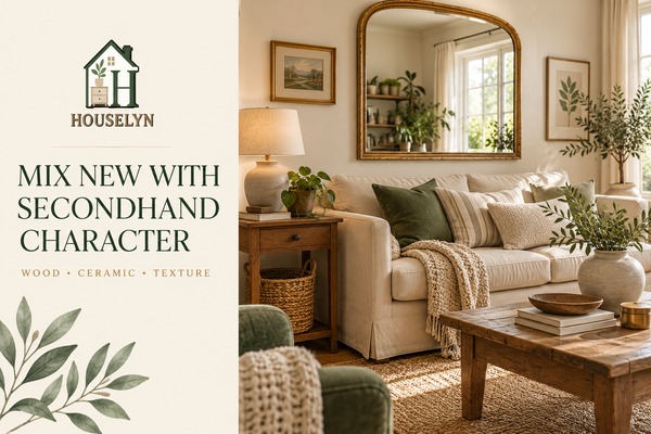 Warm neutral living room mixing affordable new decor with secondhand wood, ceramic, mirror and woven accessories