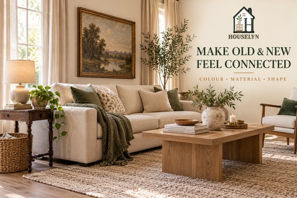Modern warm neutral living room mixing a thrifted wood side table and older framed art with contemporary furniture in a cohesive way