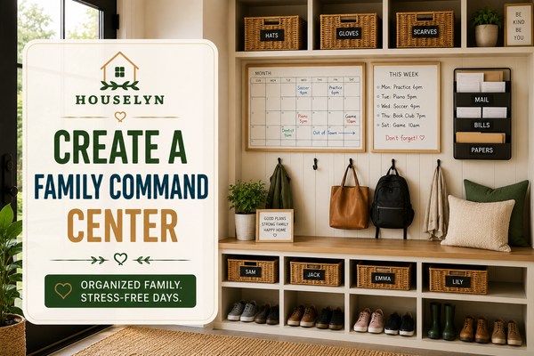 Mudroom organization ideas featuring family command center, calendars, mail organization, and family storage systems. mudroom-family-command-center.jpg