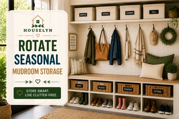 Beautiful organized mudroom featuring seasonal storage bins, upper shelving, family storage systems, and clutter-free organization. mudroom-seasonal-storage.jpg