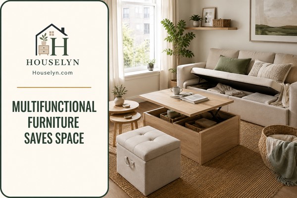 Modern compact living room with multifunctional furniture including a storage ottoman, lift-top coffee table and nesting tables.