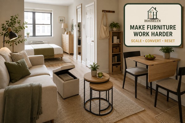 Modern studio apartment with a compact sofa, nesting tables, storage ottoman and small drop-leaf dining table arranged with clear circulation.