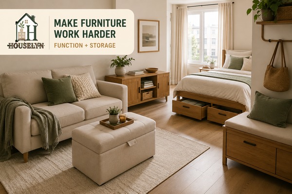 Compact apartment with storage ottoman, storage bench and properly framed bed using hidden storage efficiently