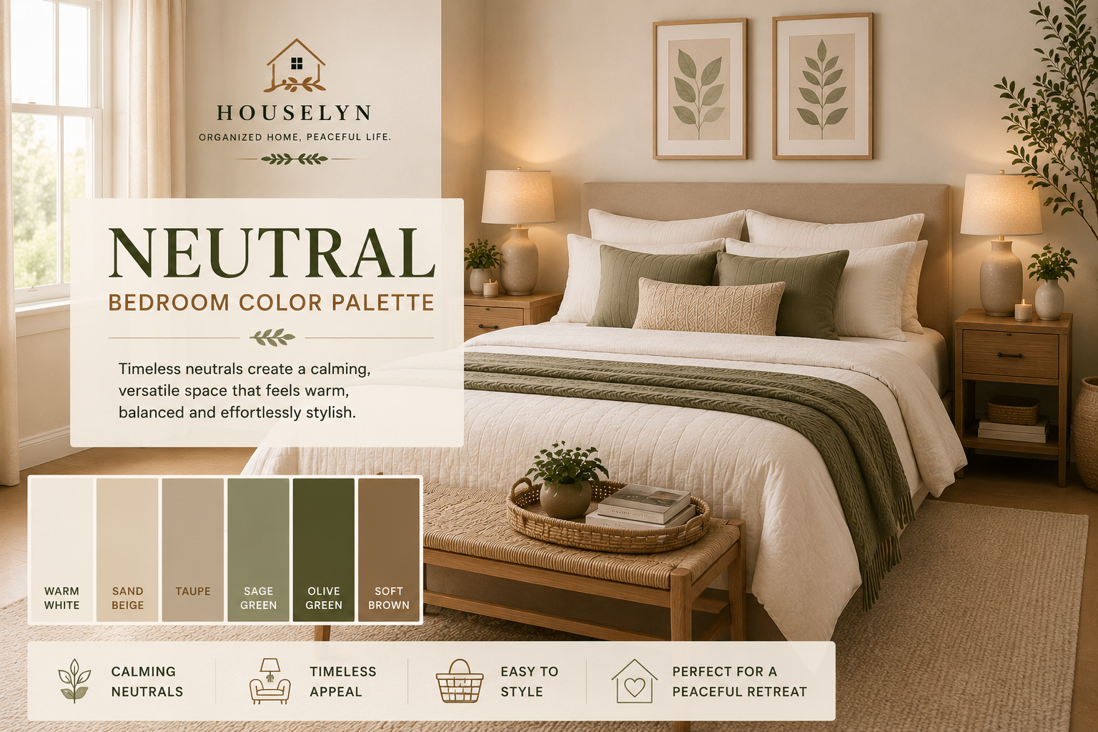 Bedroom color ideas using warm neutral tones, beige bedding, and soft natural textures