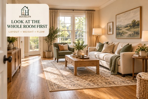 Warm neutral living room viewed as a complete composition with balanced furniture, rug, lighting and wall decor