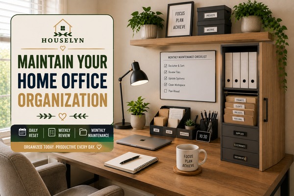 Home office organization ideas featuring maintenance systems, hidden storage, organized filing, and productivity tools. ome-office-maintenance-system.jpg