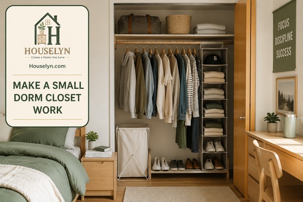 Organized college dorm wardrobe with neatly arranged clothing, shoes, folded sweaters and a clear clothing storage system.