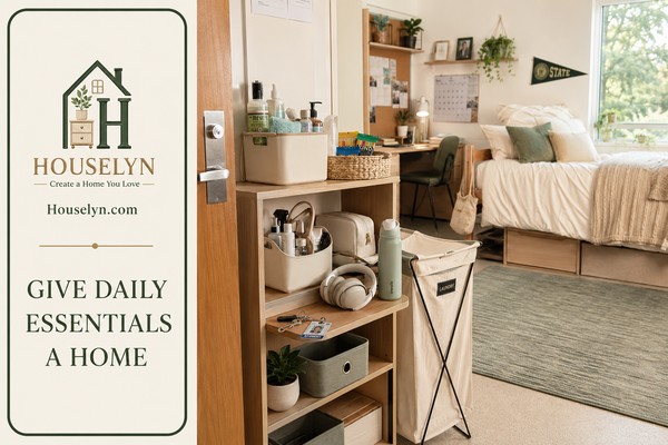 Organized dorm room with a portable shower caddy, structured laundry hamper, snack basket and everyday essentials station.