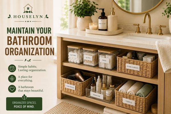 Beautifully maintained organized bathroom with labeled containers, baskets, and clean storage systems. organized-bathroom-maintenance.jpg