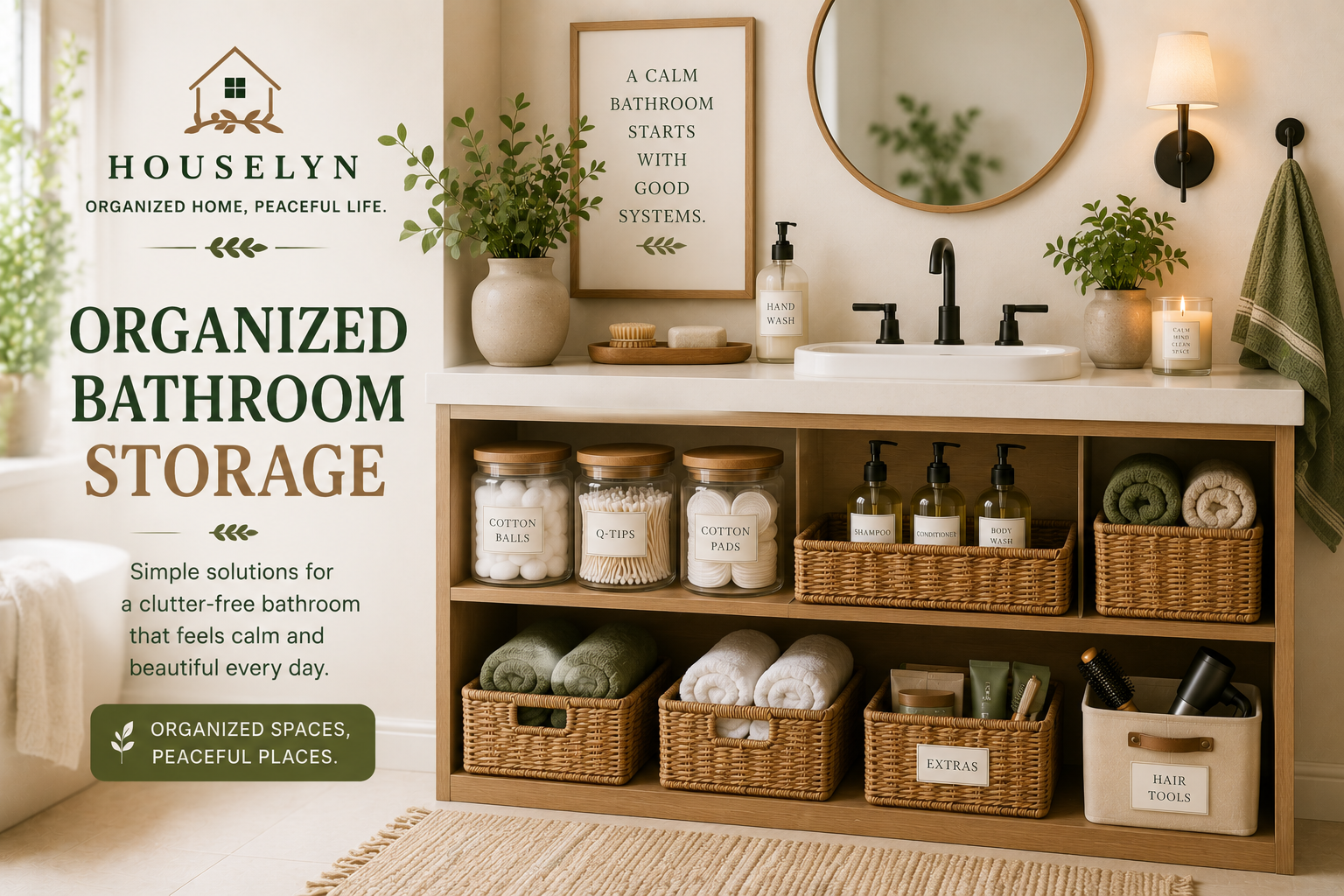 Bathroom home organization ideas with baskets, shelves, and under sink storage
