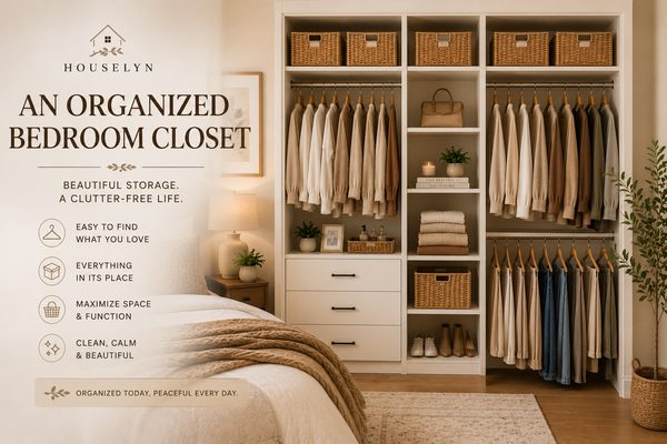 Organized bedroom closet with storage baskets, folded clothes, and slim hangers