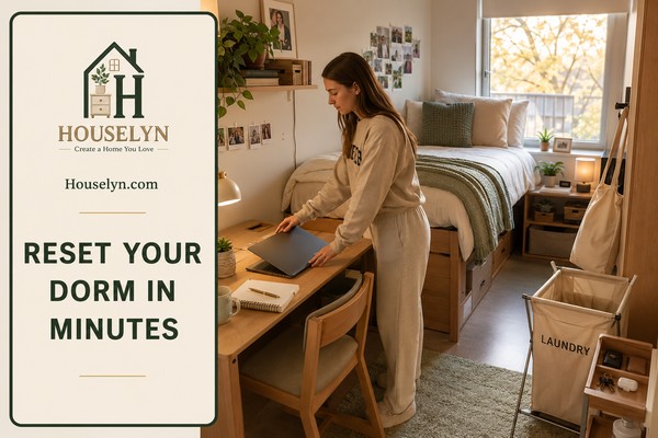 College student completing a quick weekly dorm room reset beside an organized desk, tidy bed and laundry hamper.