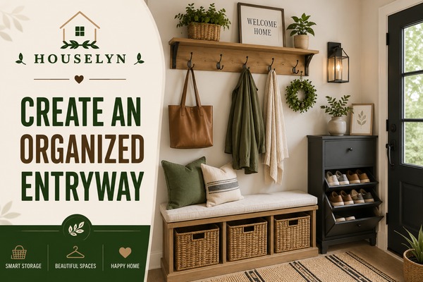 Entryway organization ideas featuring storage bench, wall hooks, baskets, and organized shoe storage. organized-entryway-storage.jpg