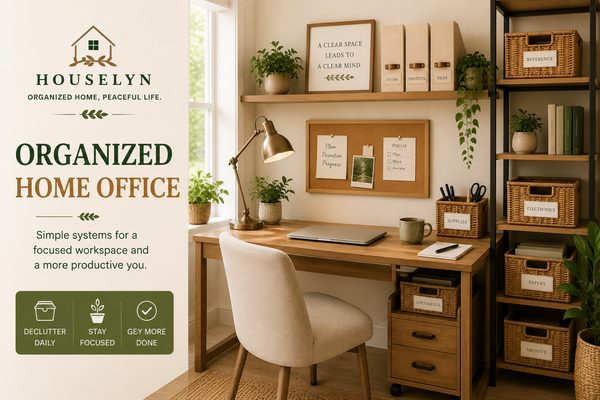 Home office organization ideas with organized desk storage, shelves, and paperwork systems