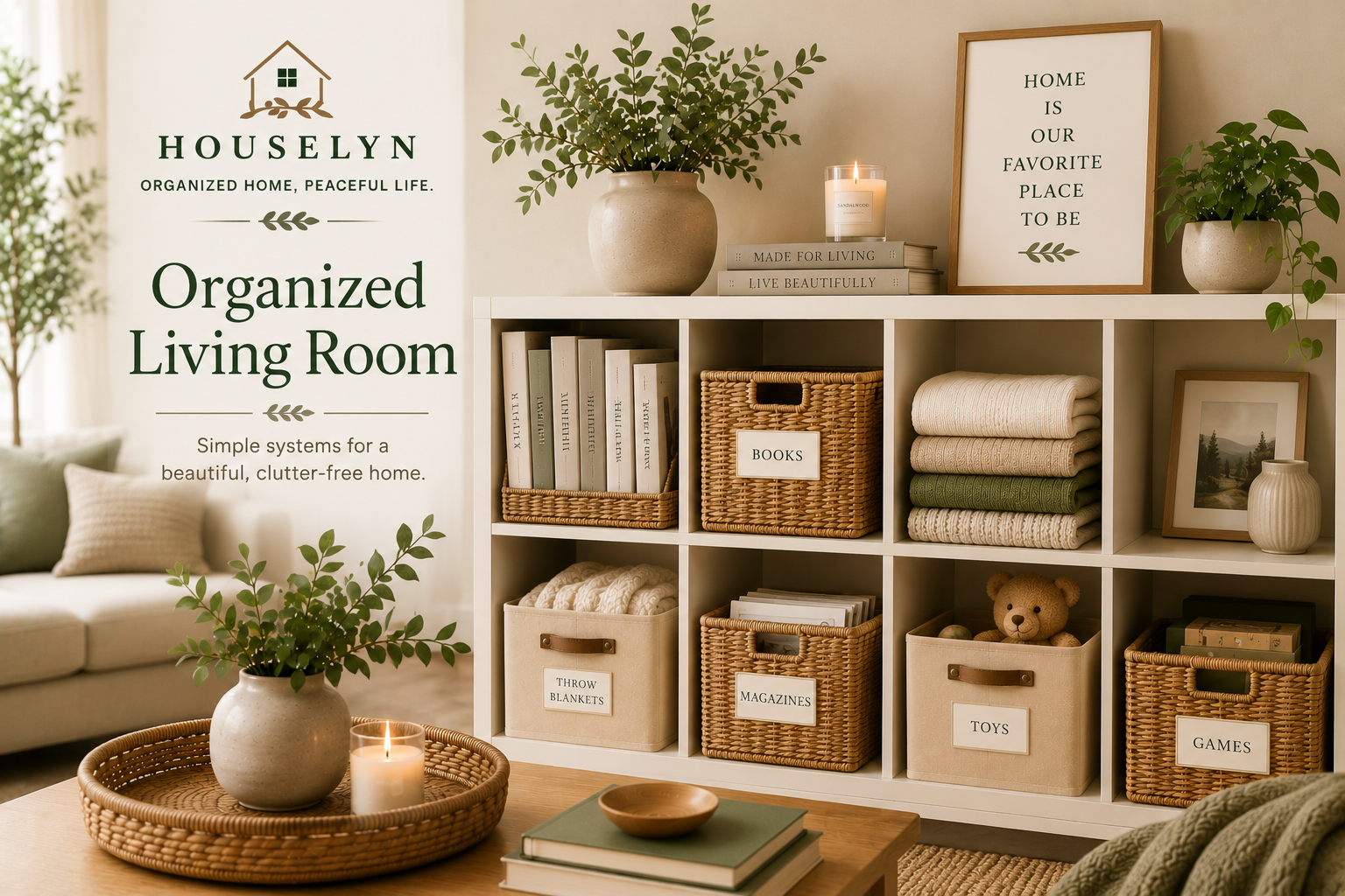 Home organization ideas in a calm living room with baskets, shelves, and clutter-free decor