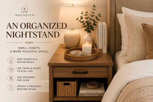Organized bedroom nightstand with lamp, tray, book, and minimal decor