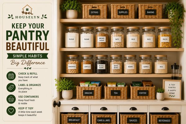 Beautifully maintained organized pantry with labeled containers, baskets, and clean shelving. organized-pantry-maintenance.jpg